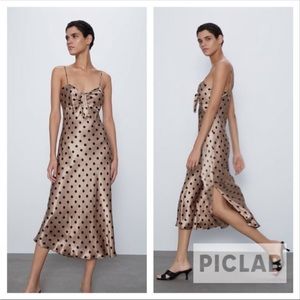 Zara tan& black polka dot Satin Slip Dress